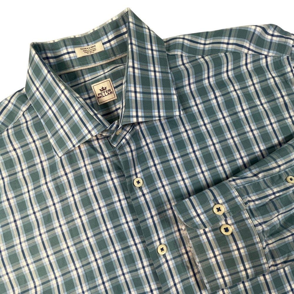 Peter Millar Shirt Mens XL Teal Plaid Button Down Long Sleeve Cotton Classic